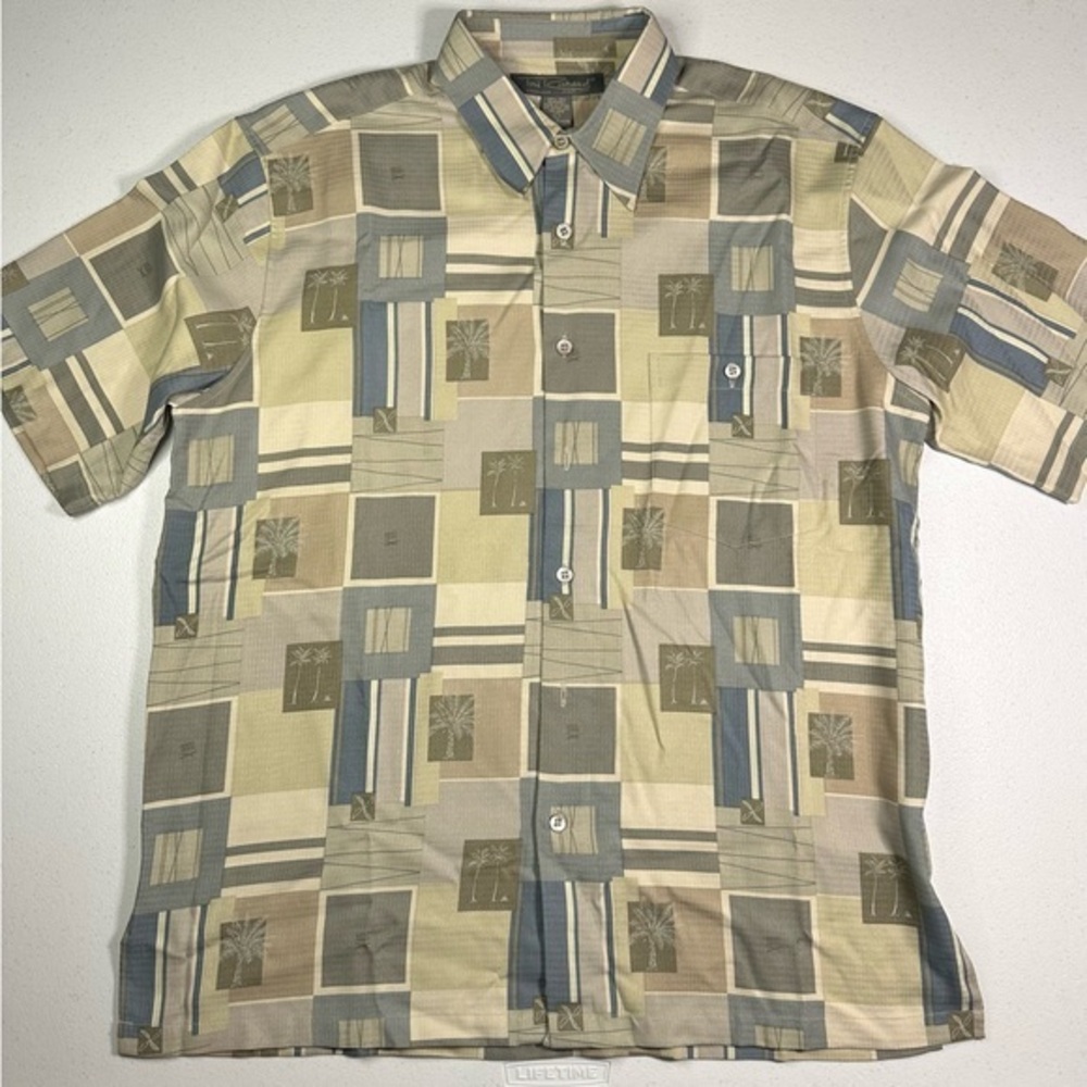 Tori Richard Honolulu Mens Large 100% Silk Geometric Palm Tree Camp Shirt Olive